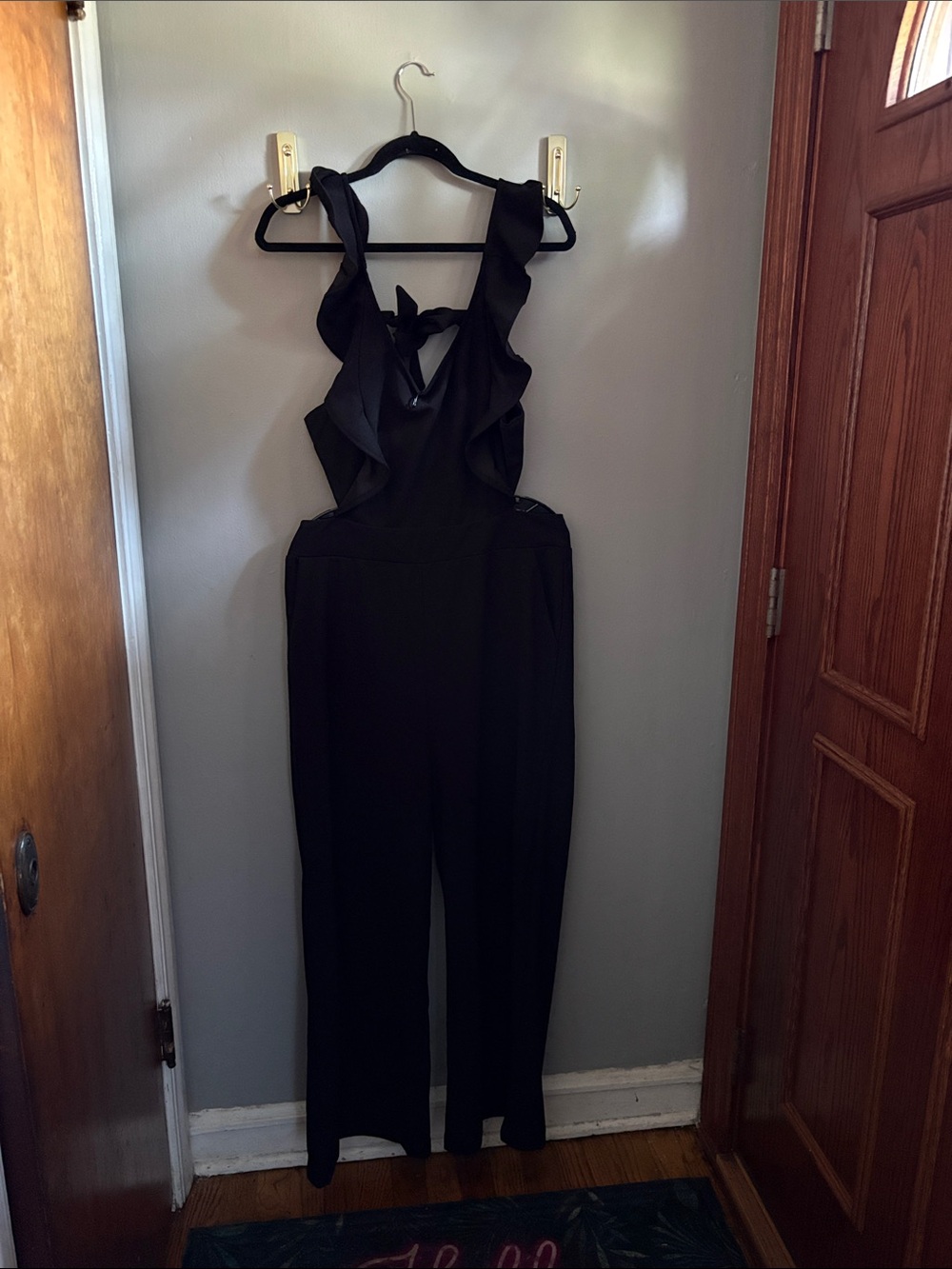 Black Ruffle Strap , open tie up back, Jumpsuit -